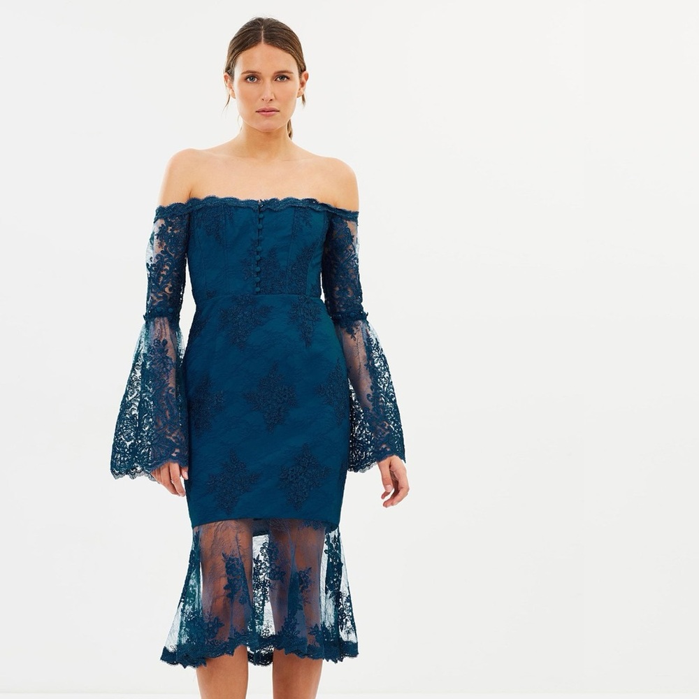 Nicholas Octavia Lace Corset‎ Midi Dress Blue US Size 0 Long Sleeve